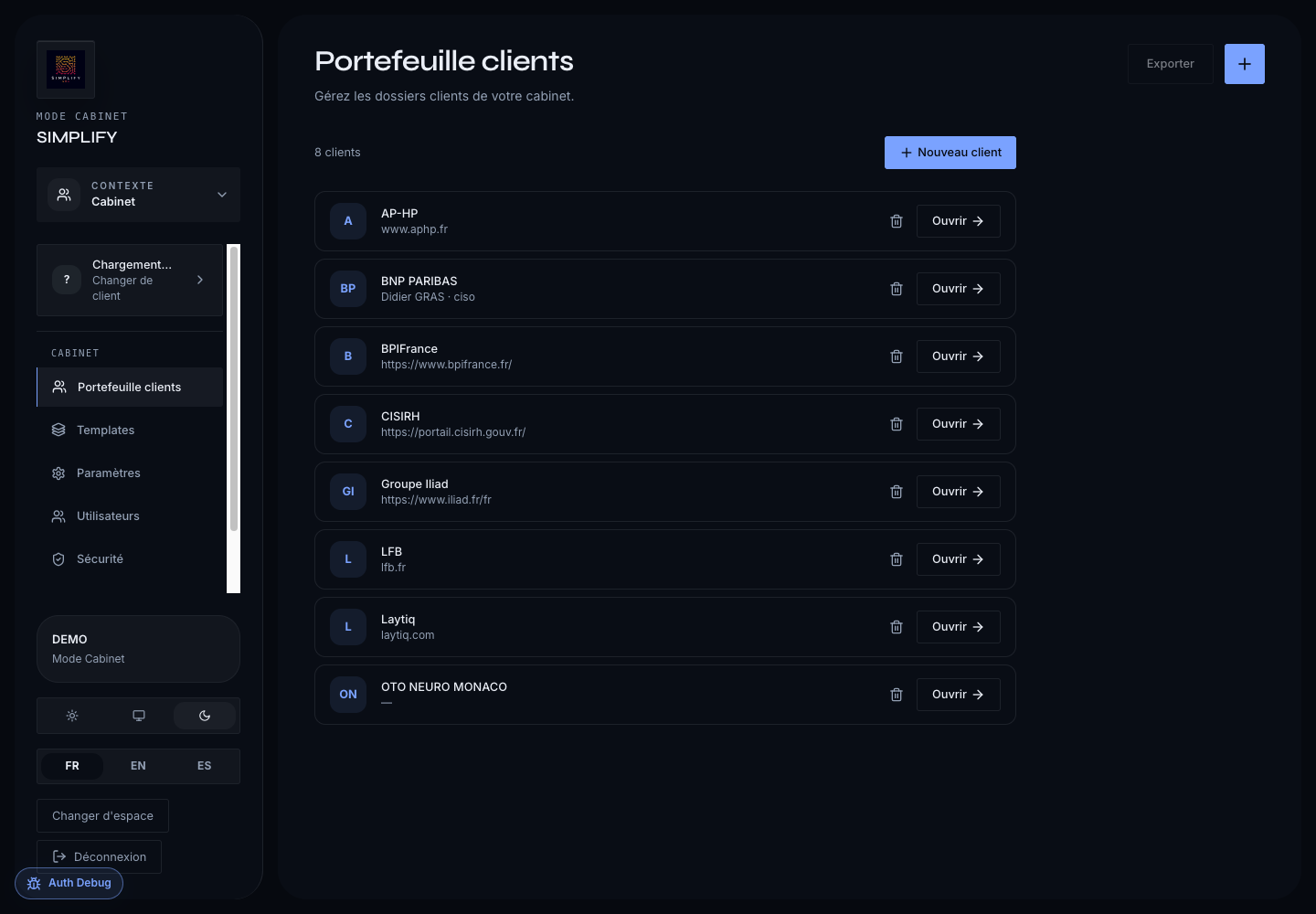 Vue portefeuille clients dans Simplify GRC