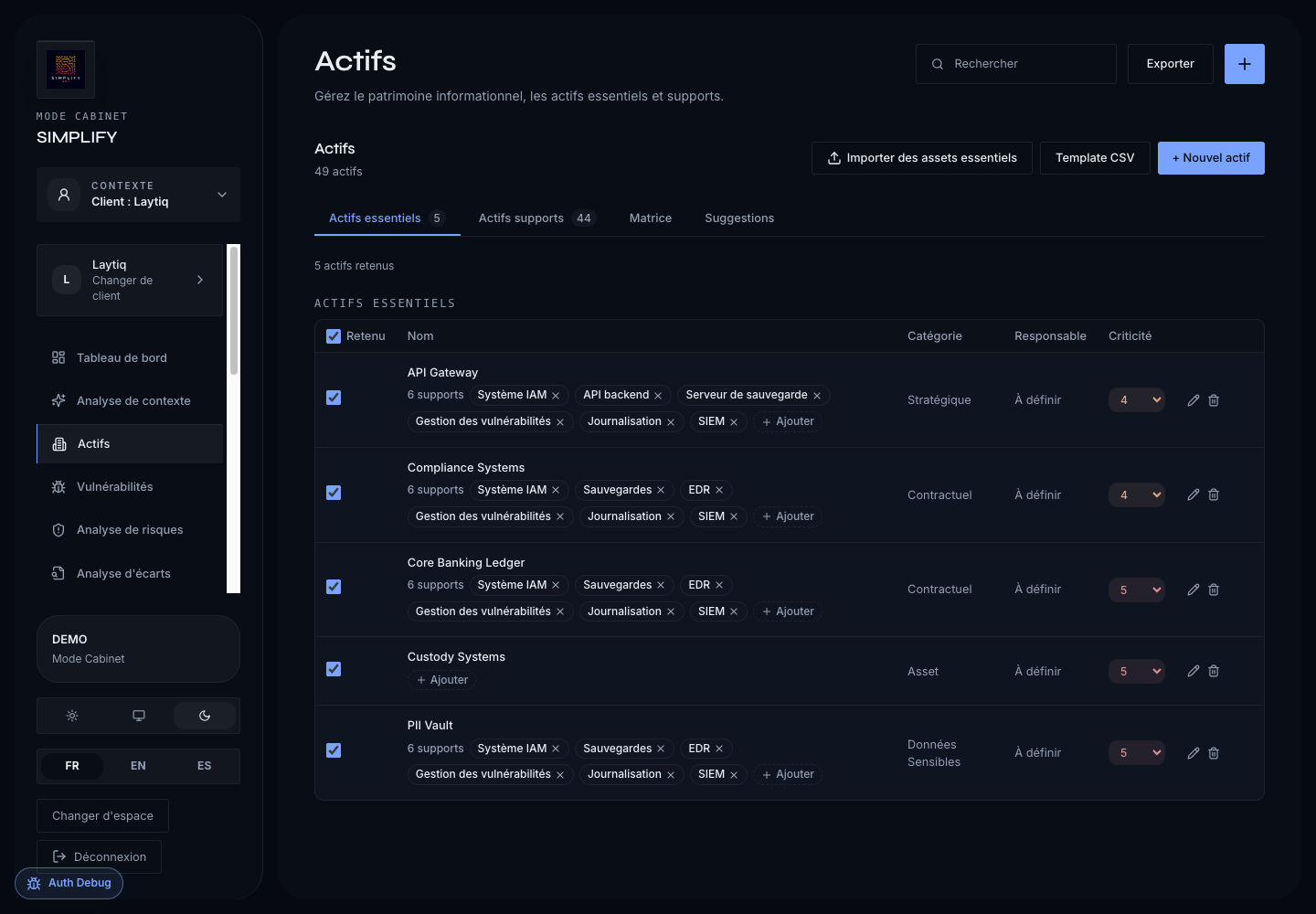 Vue actifs Simplify GRC