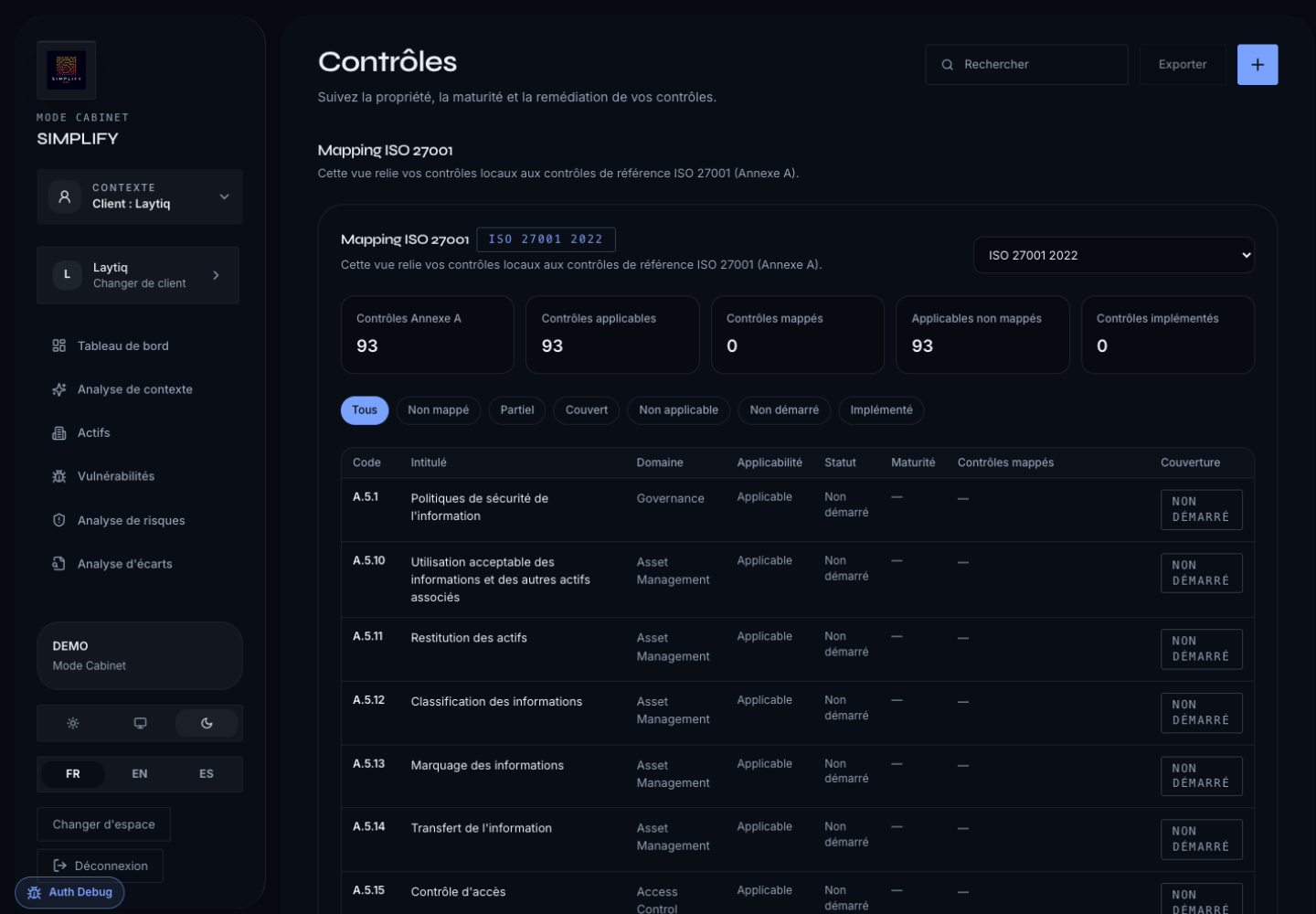 Vue contrôles Simplify GRC