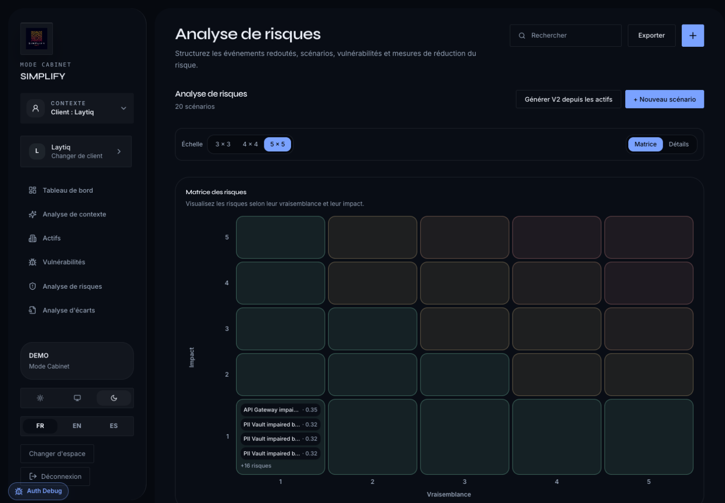 Vue scénarios de risque Simplify GRC