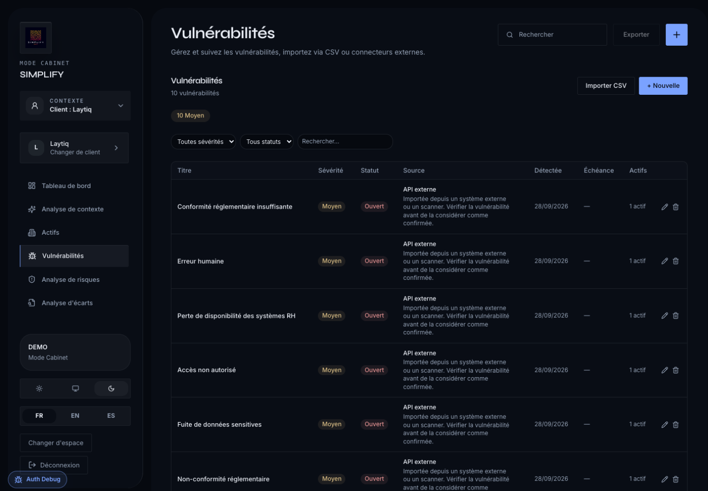 Vue vulnérabilités Simplify GRC